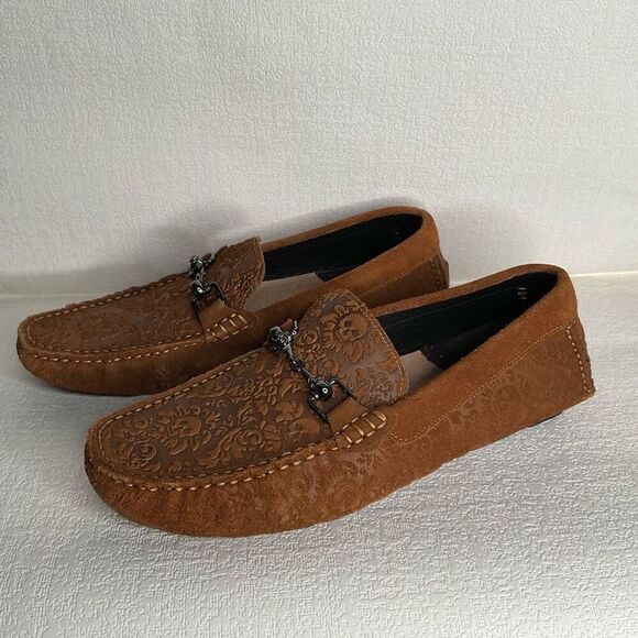 ROBERT GRAHAM Moccasins Men’s 8 Tequila Paisley Embossed Leather Driving Loafers - Picture 1 of 14